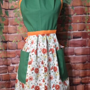 Kitchen Apron Full: Bees in Marigolds; Green Top, Print skirt with 2 pockets