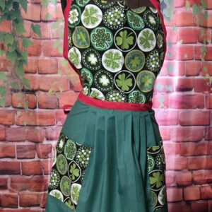 Kitchen Apron Full: St. Patrick's Day; Shamrock Print Top, Green skirt with 2 pockets