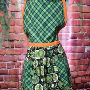 Kitchen Apron Full: St. Patrick's Day; Shamrock Plaid Top, Print skirt with 2 pockets