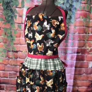 Egg Gathering Apron: Roosters and Hens on Green plaid with 16 pockets with Bib