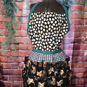 Egg Gathering Apron: Roosters and Hens on Black Plaid with 16 pockets with Egg print Bib