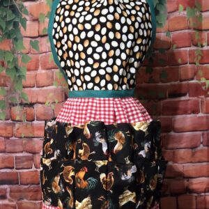 Egg Gathering Apron: Roosters and Hens on Red Plaid with 16 pockets with Egg print Bib