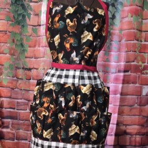 Egg Gathering Apron: Roosters and Hens on Buffalo Plaid with 16 pockets with Bib