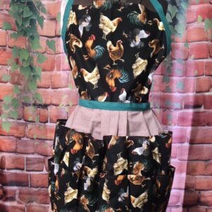 Egg Gathering Apron: Roosters and Hens on Red Plaid with 16 pockets with Bib