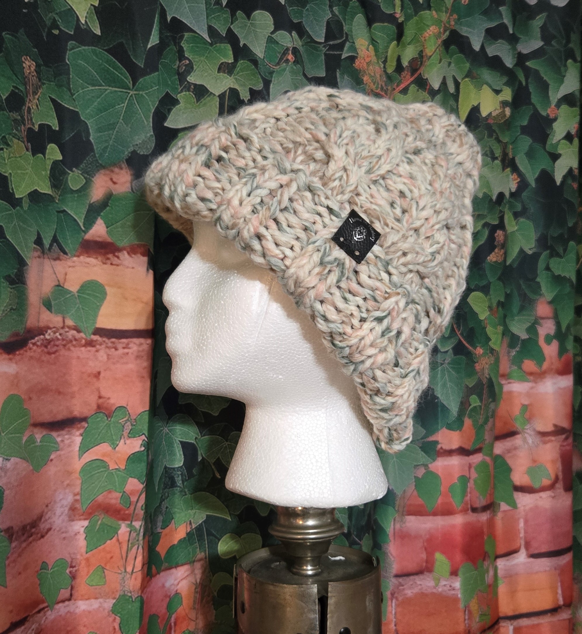 Knit Hat Basic Cables: Pastel Pink and Grey small - Large