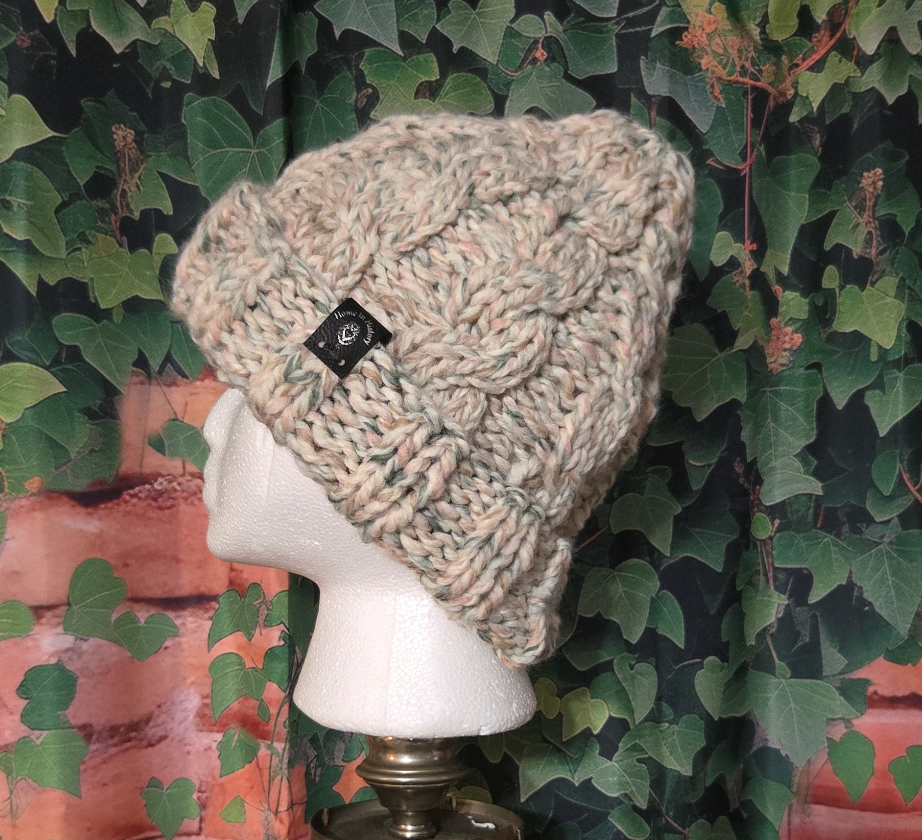 Knit Hat Basic Cables: Pastel Pink and Grey small - Large - Image 2