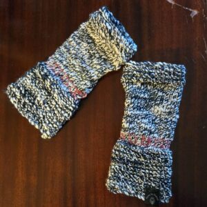 Hand Spun Wool Fingerless Mittens: Black with Red Band