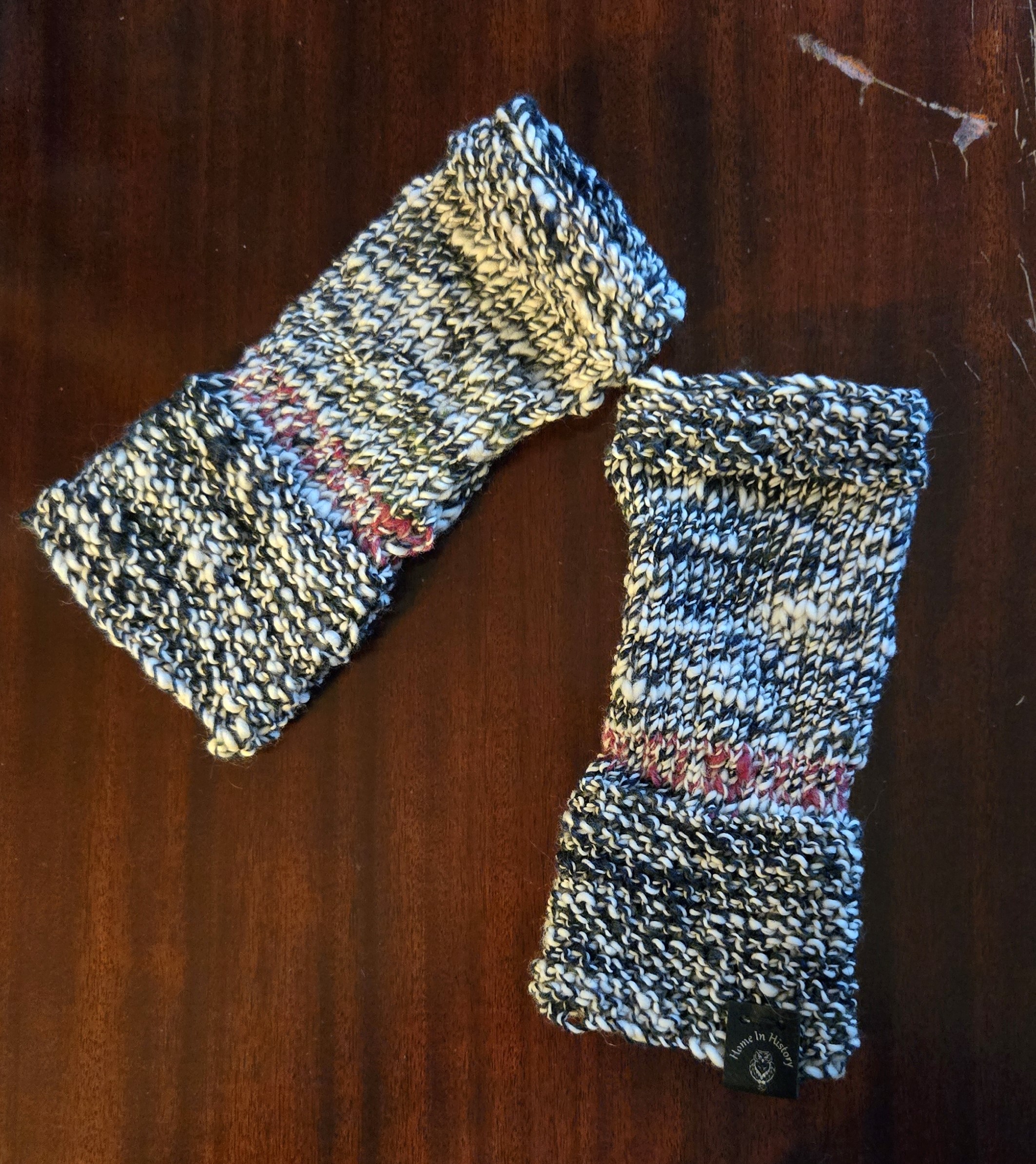Hand Spun Wool Fingerless Mittens: Black with Red Band