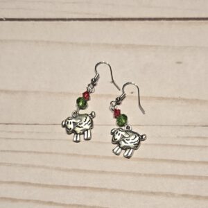 Earrings: Hooks: Farm Animals & Fiber Arts: Sheep with Red and Green Crystals