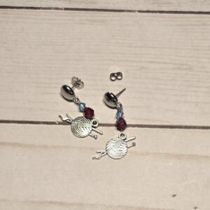 Earrings: Studs: Fiber Arts: Knitting needles with a ball of yarn with Red and Blue Crystals