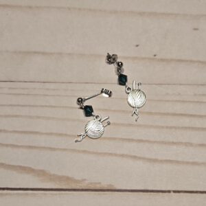 Earrings: Stud: Fiber Arts: Knitting needles with a ball of yarn with Teal Crystals