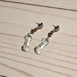 Earrings: Studs: Fiber Arts: Yarn with Red and Green Crystals