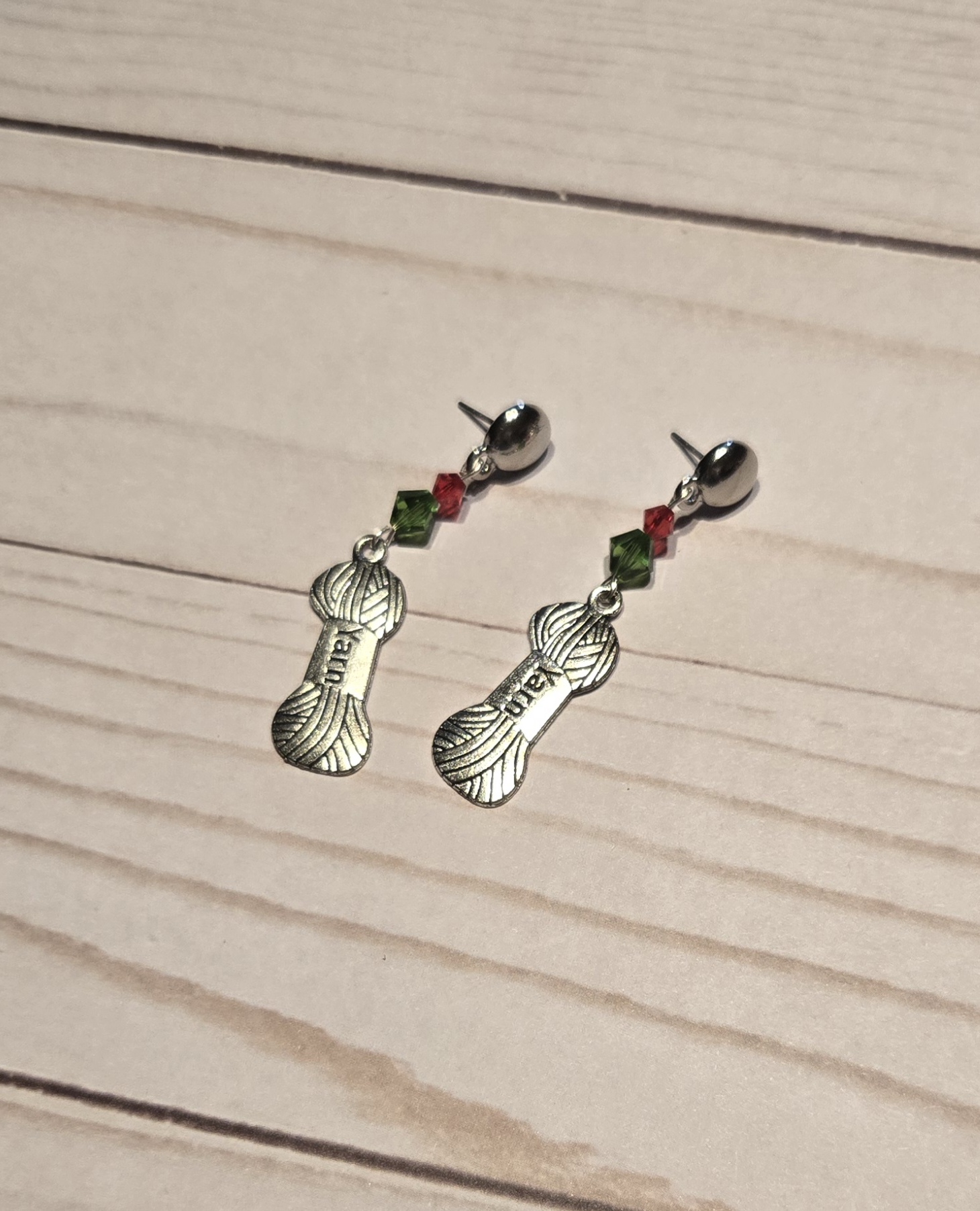 Earrings: Studs: Fiber Arts: Yarn with Red and Green Crystals