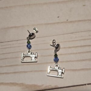Earrings: Studs: Fiber Arts: Sewing Machine with Blue Crystals