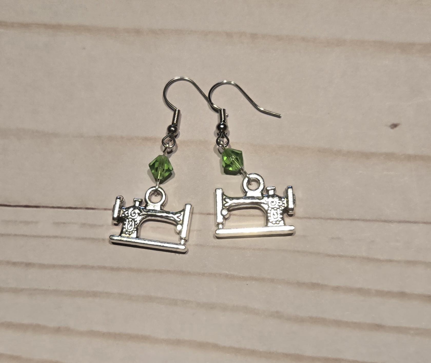Earrings: hooks: Fiber Arts: Sewing Machine with Green Crystals