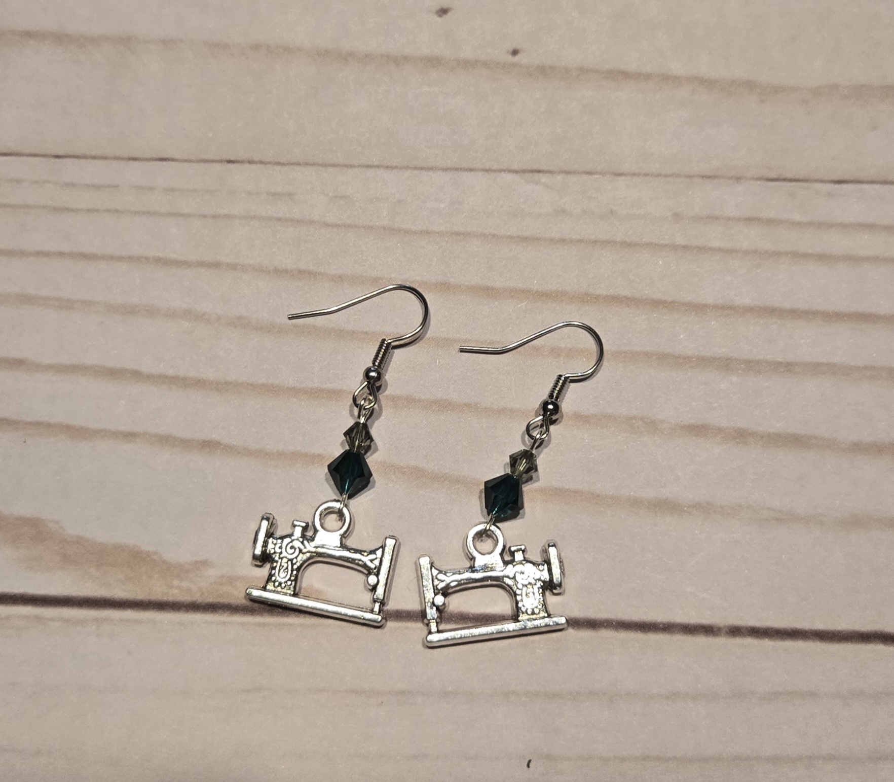Earrings: hooks: Fiber Arts: Sewing Machine with Teal and Yellow Crystals