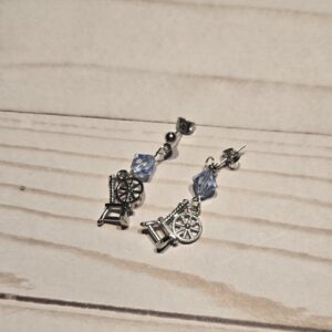 Earrings: Studs: Fiber Arts: Spinning Wheel with Blue Crystals