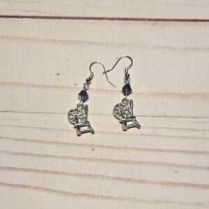 Earrings: Hook: Fiber Arts: Spinning Wheel with Grey Crystals