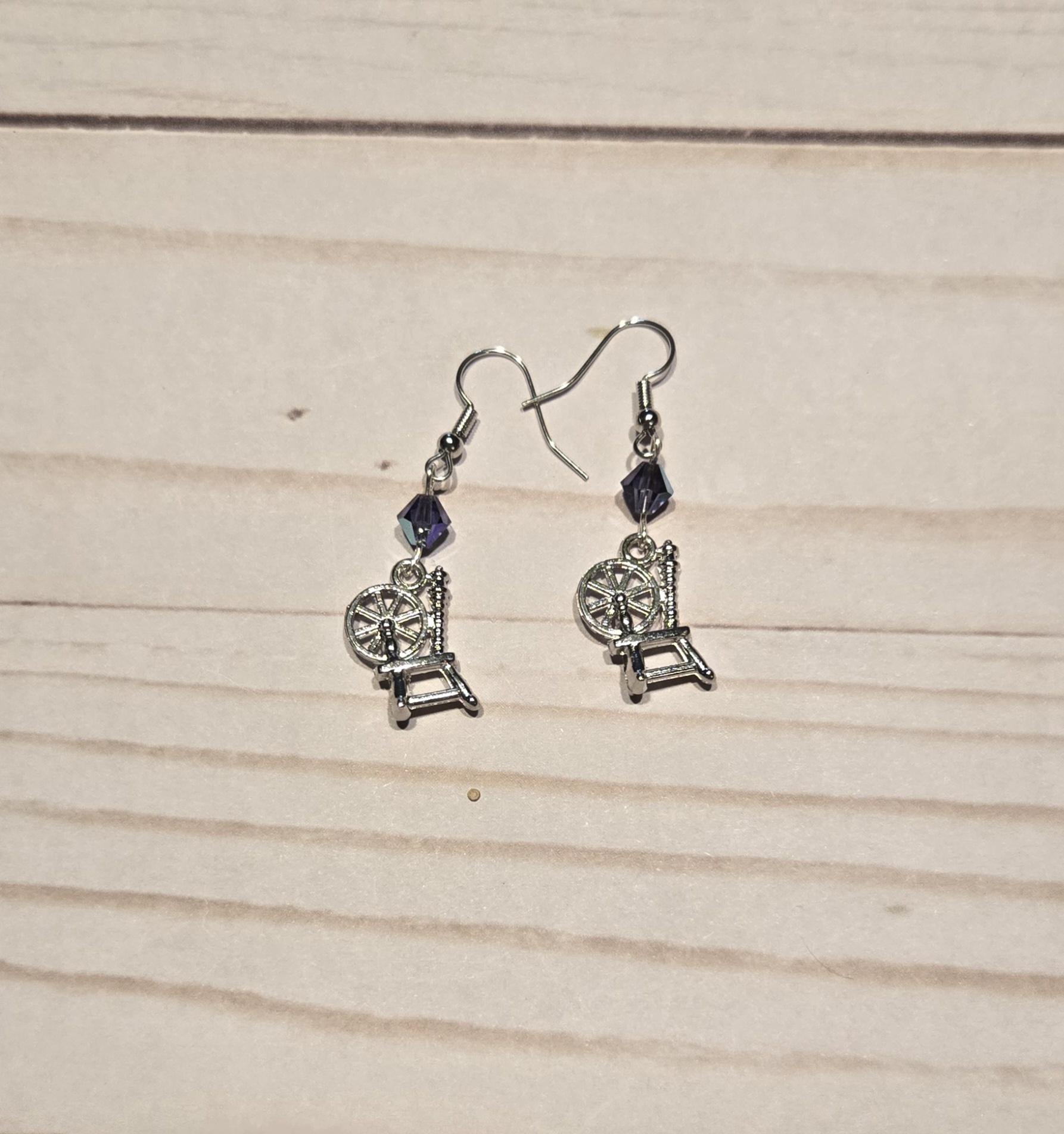 Earrings: Hook: Fiber Arts: Spinning Wheel with Grey Crystals