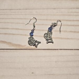 Earrings: Hook: Fiber Arts: Spinning Wheel with Grey & Blue Crystals