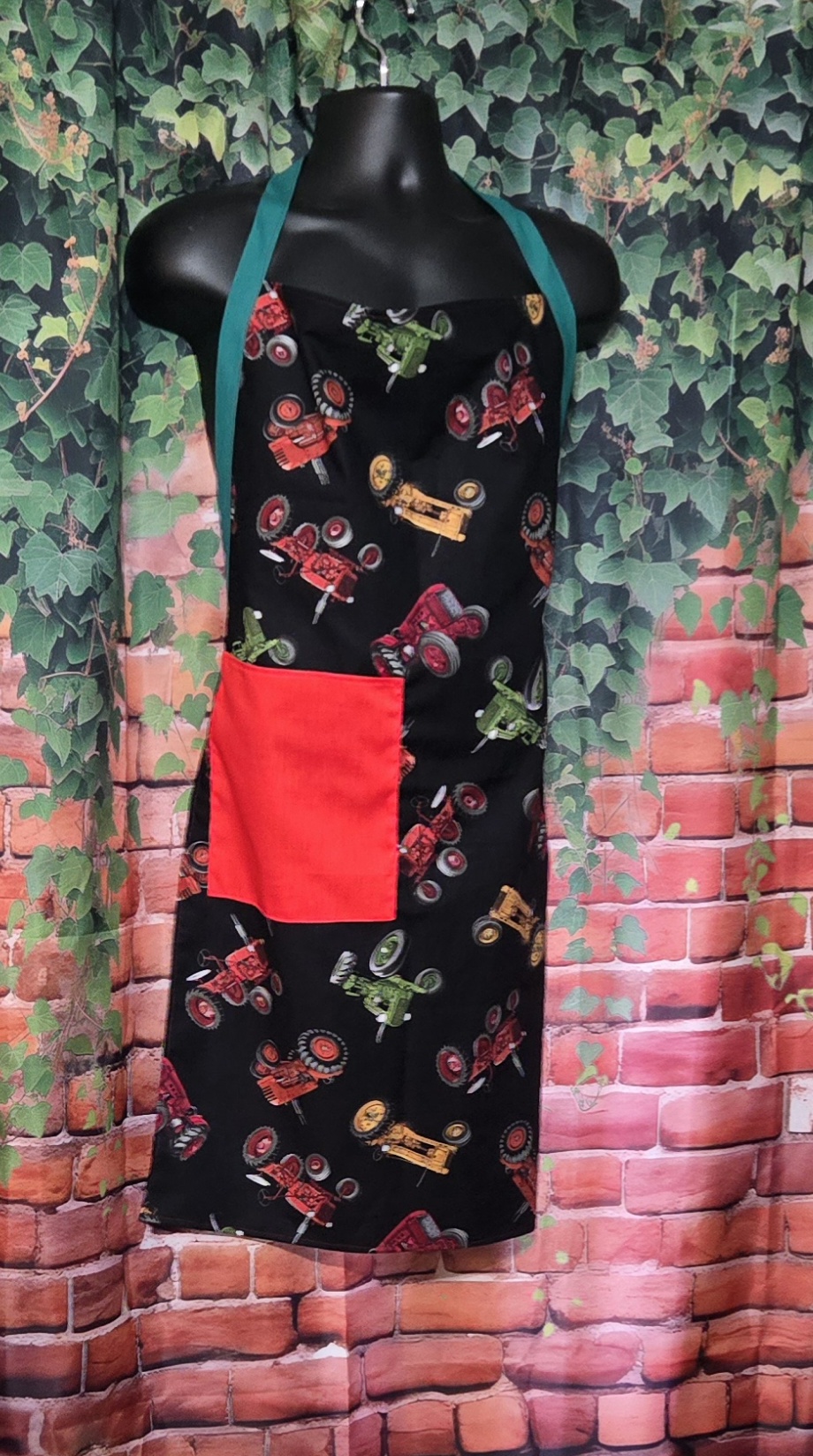 Kitchen Apron: Tossed Tractors with red pocket and Green Straps - Image 2