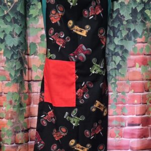 Kitchen Apron: Tossed Tractors with red pocket and Green Straps