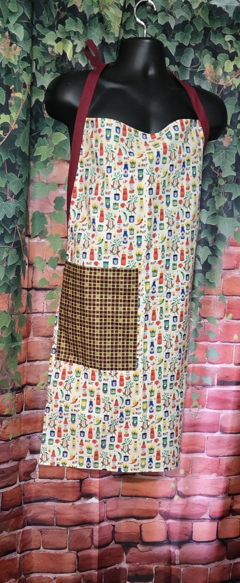 Kitchen Apron: Hot Sauce and Chili with plaid pocket and Red Straps - Image 2