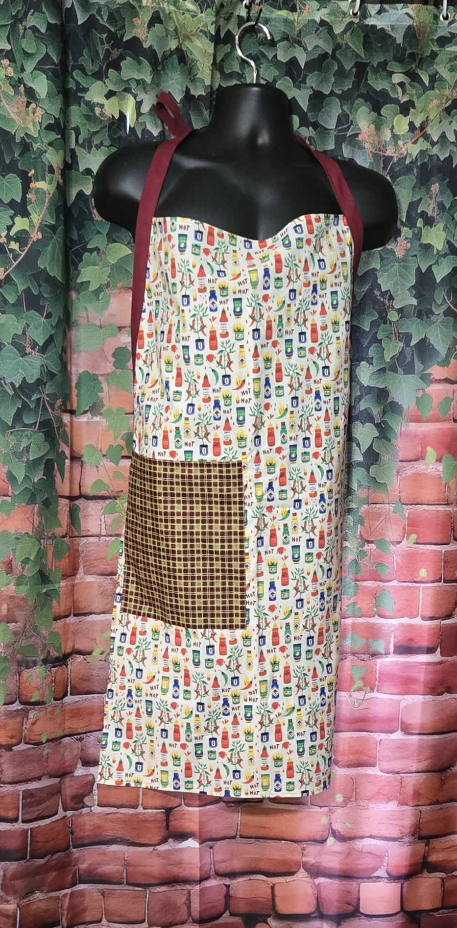 Kitchen Apron: Hot Sauce and Chili with plaid pocket and Red Straps