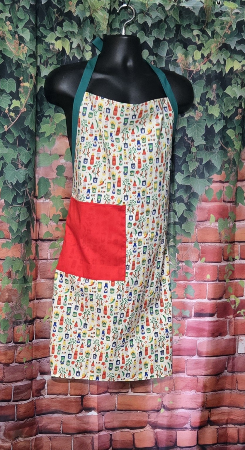 Kitchen Apron: Hot Sauce and Chili with red pocket and Green Straps - Image 2