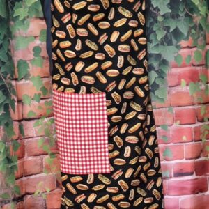 Kitchen Apron: Hot Dog with Red Plaid pocket and Dark Straps