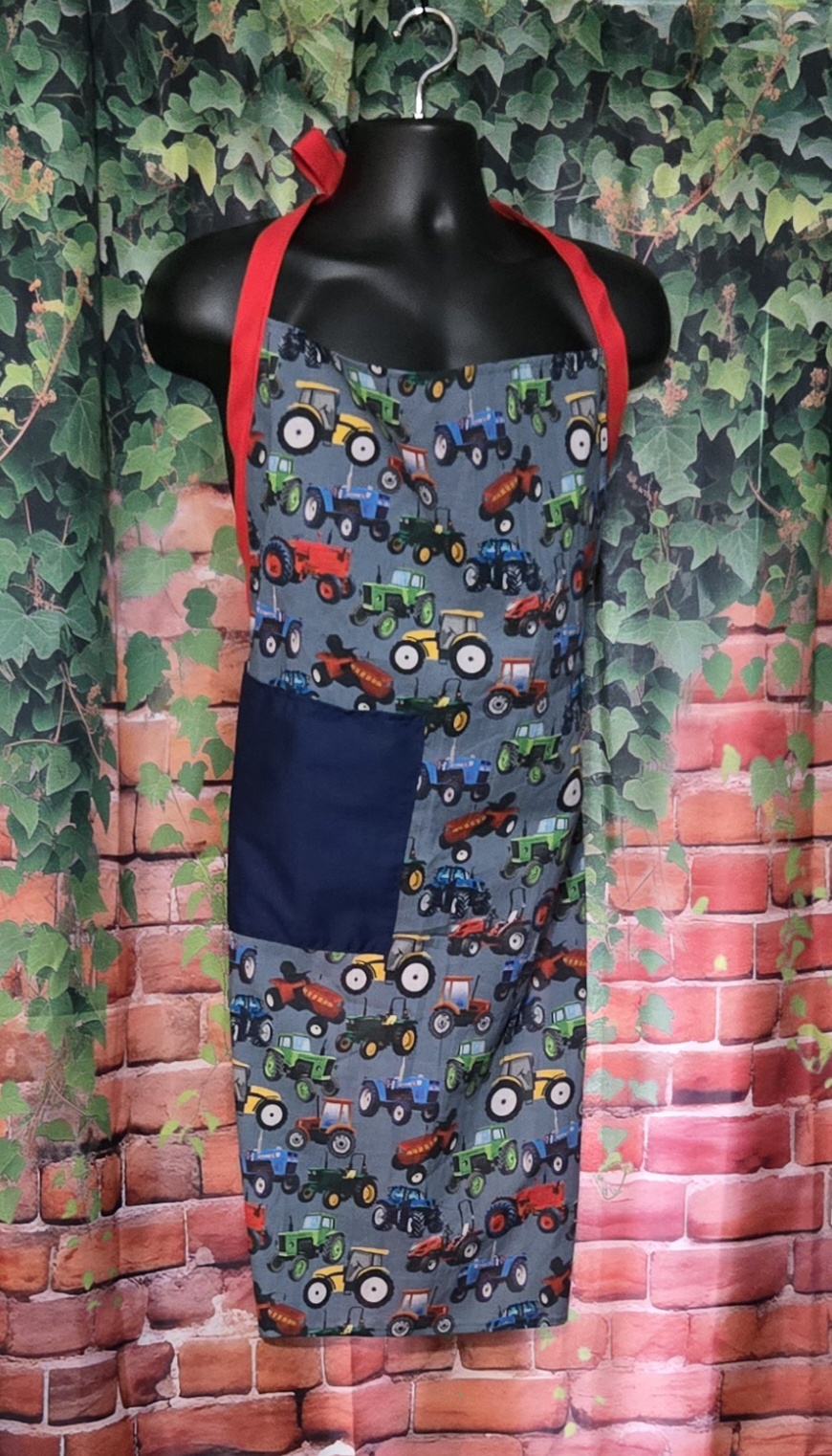 Kitchen Apron: Tractors with Blue pocket and Red Straps