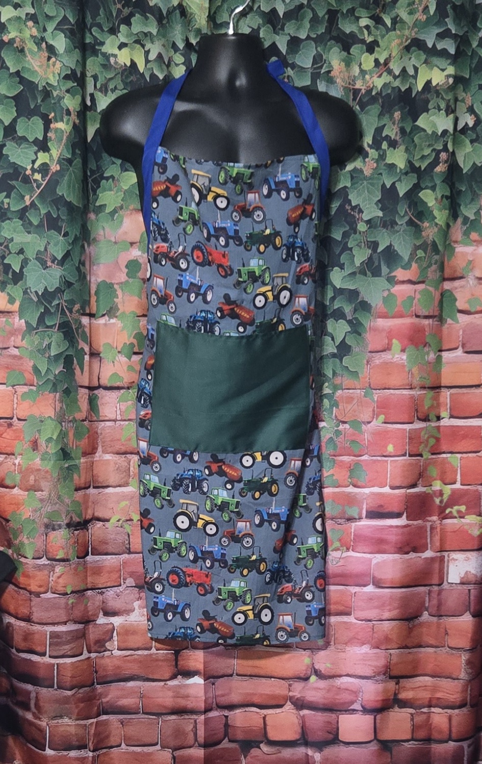 Kitchen Apron: Tractors with Green pocket and Blue Straps