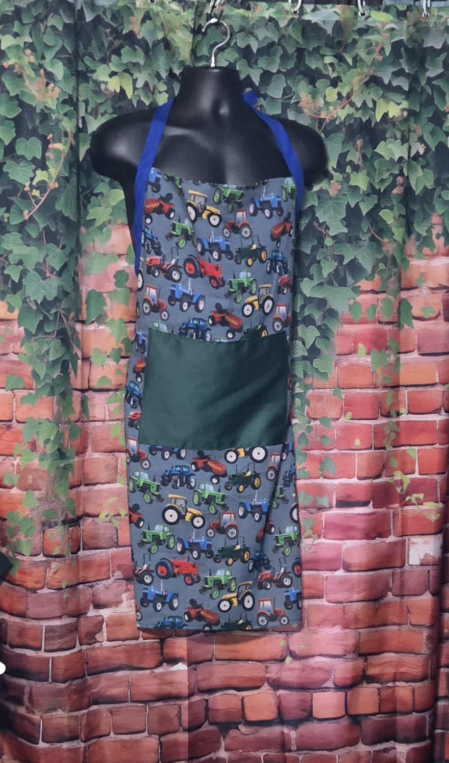 Kitchen Apron: Tractors with Green pocket and Blue Straps - Image 2