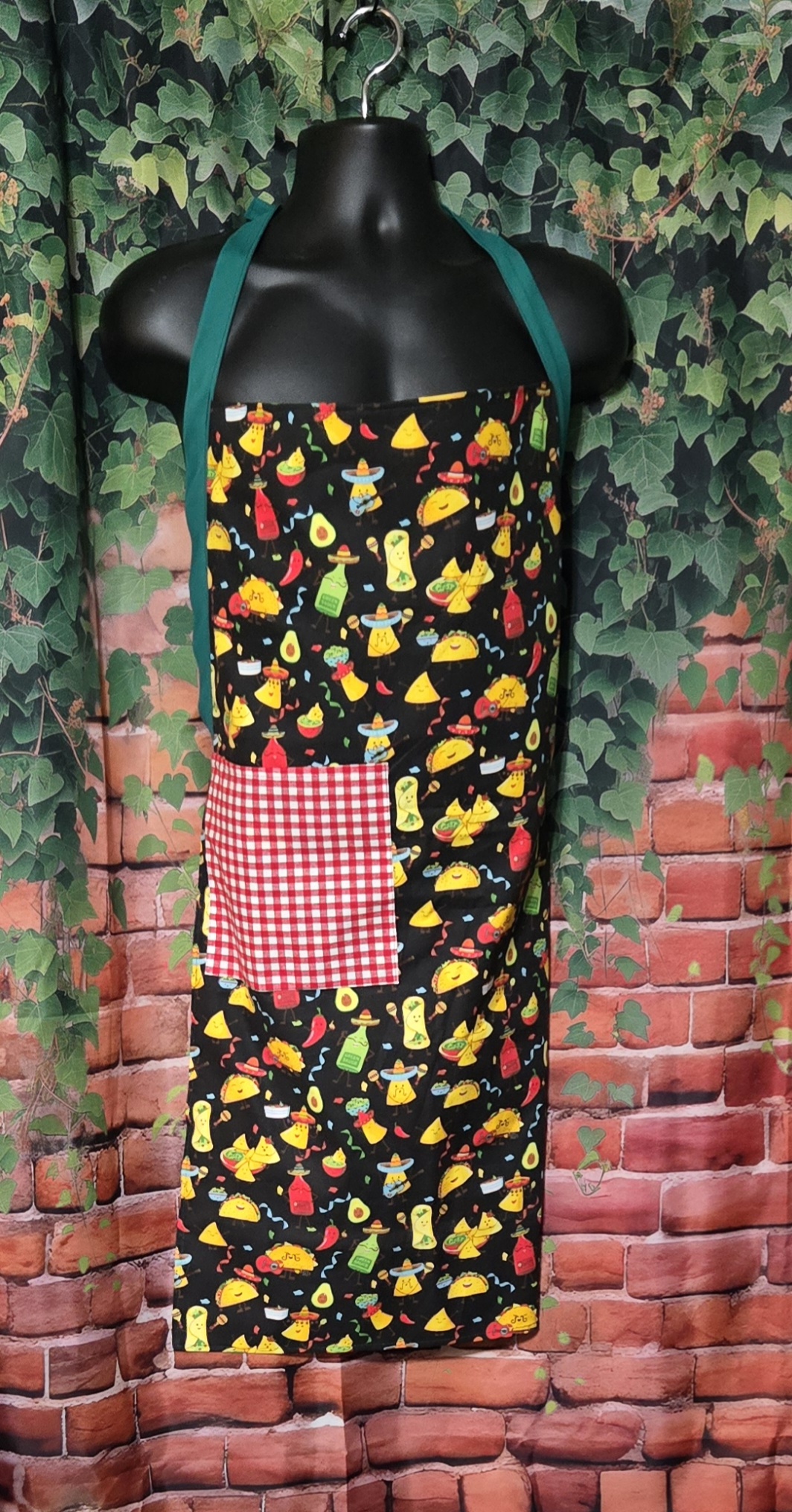 Kitchen Apron: Tacos with Red Plaid pocket and Green Straps - Image 2