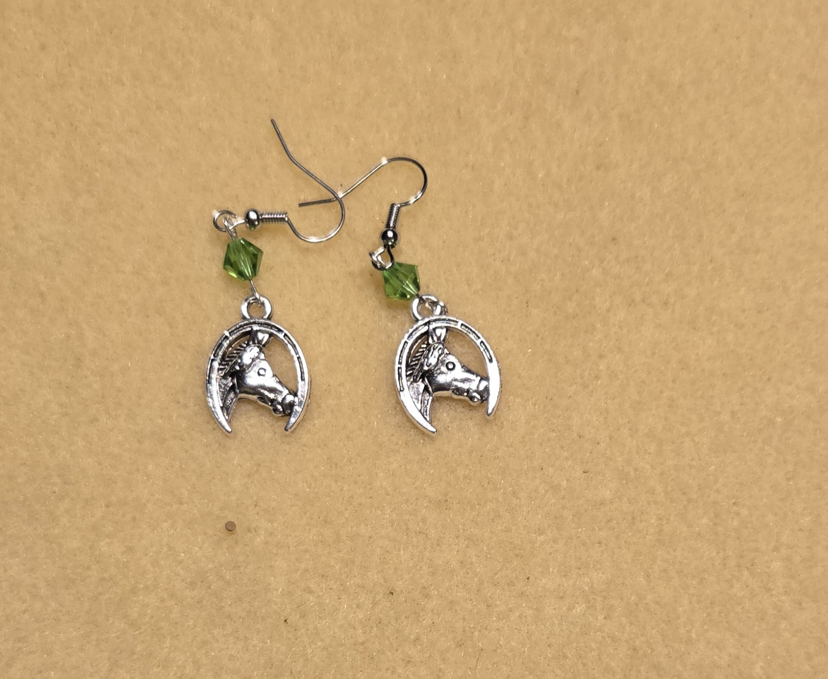 Earrings: Hooks: Lucky Horses with Green Crystals