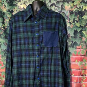 Men's Flannel Shirts - Blue and Green Plaid with denim pocket ; Size XLarge