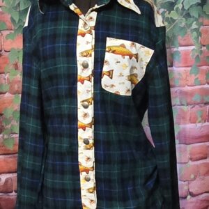 Shirts long Sleeve Flannel: Blue and Green Plaid with Salmon Cotton Print accents Women's size medium