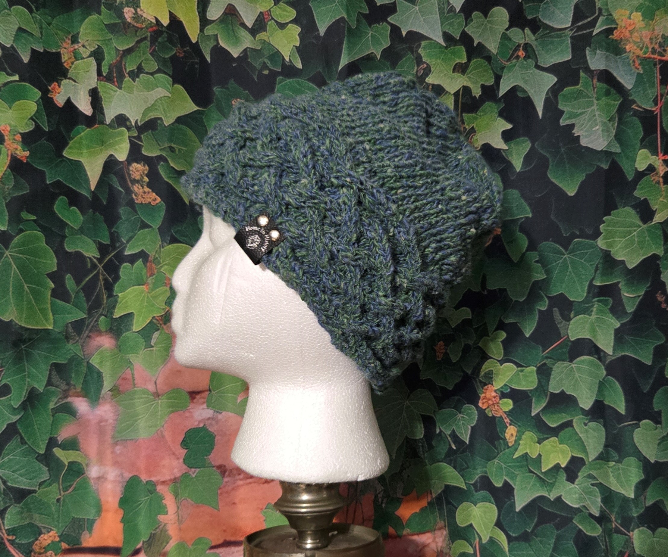 Hand Spun Wool Hats; Celtic Knit Crown: Blue Green Twist Small-Large - Image 2