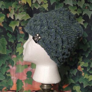 Hand Spun Wool Hats; Celtic Knit Crown: Blue Green Twist Small-Large