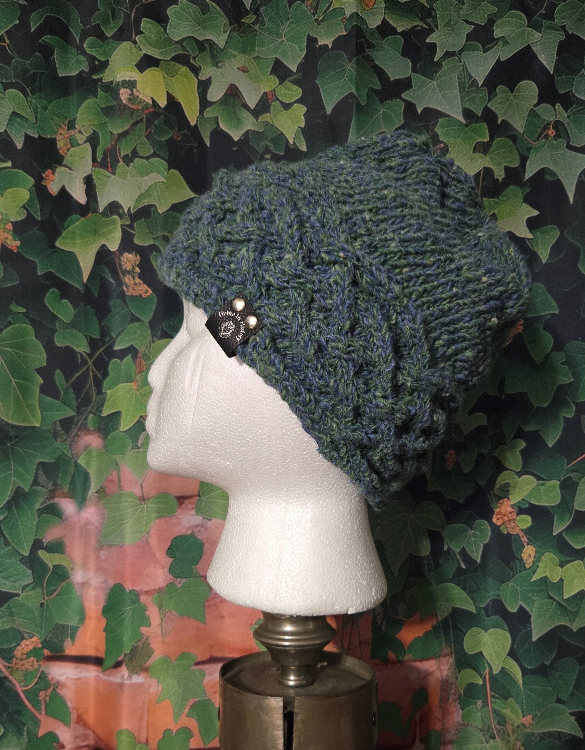 Hand Spun Wool Hats; Celtic Knit Crown: Blue Green Twist Small-Large
