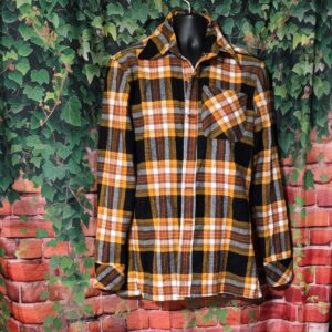 Men's Flannel Shirts - Orange and Black Plaid with pocket ; Size Small