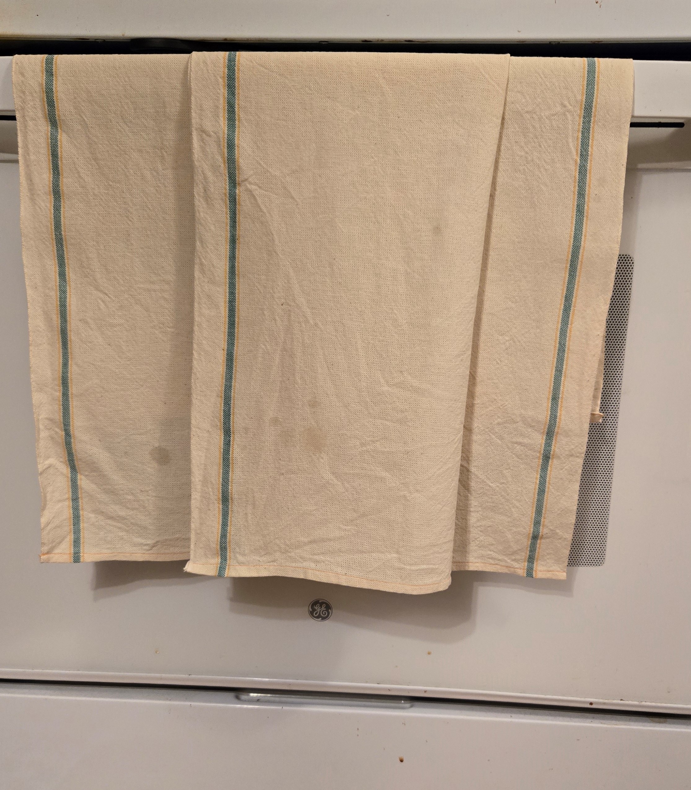 Flour Towels: Cotton Towels woven at the Lowell Mills; Set of two: X-Long Orange and Green Stripe
